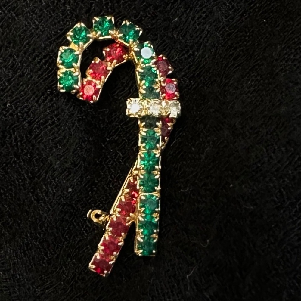 Vintage Rhinestone Candy Cane Brooch Red Green Gold Tone Christmas Holiday - Picture 5 of 5
